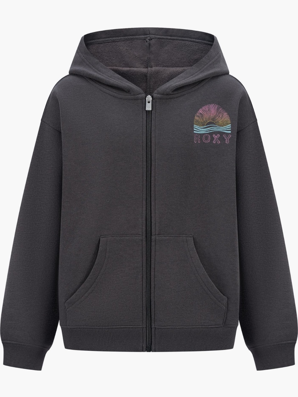 Roxy Girls' Charcoal Front Zip-Up Hoodie with Sunset Graphic